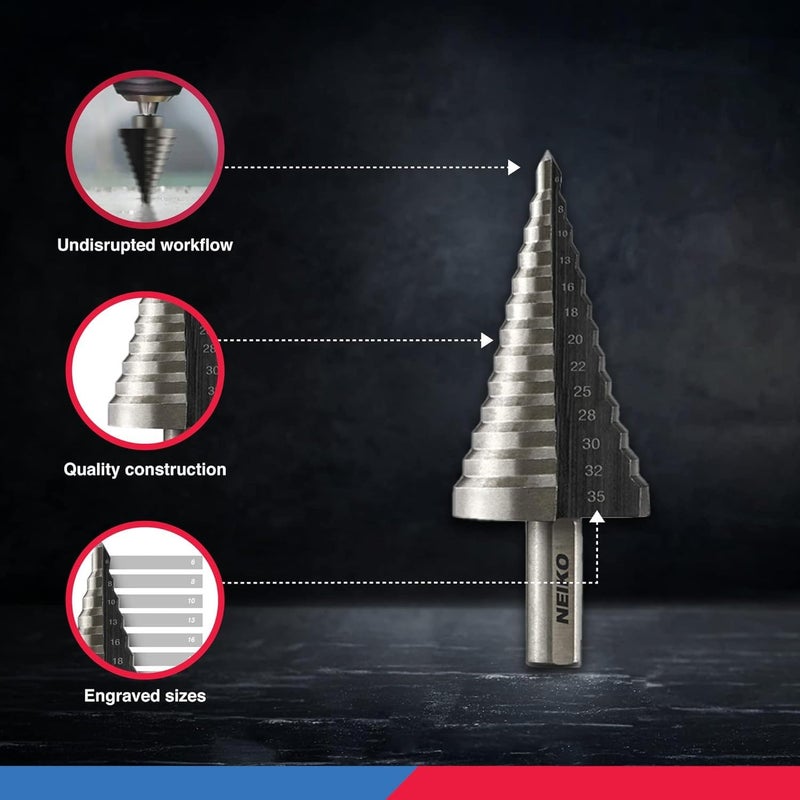 NEIKO 10198A Step Drill Bit Set | 5 Piece, 4mm- 35mm | Metric Titanium High Speed Steel Unibit, Stepper Cone Drill Bit | Two Flute Step Down Bits, 135 Degree Point - Image 4
